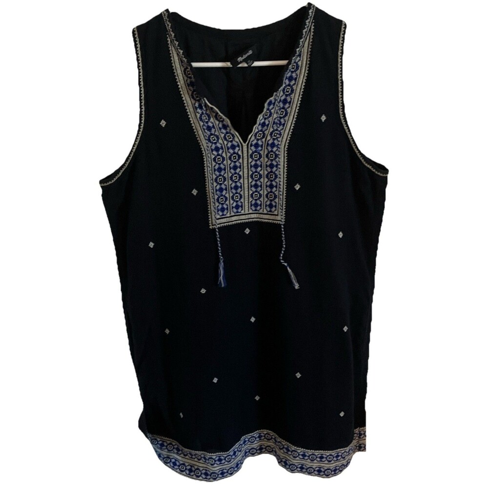 madewell top Tunic 12 Blue Embroidered Boho Peasant Hippie Tassels